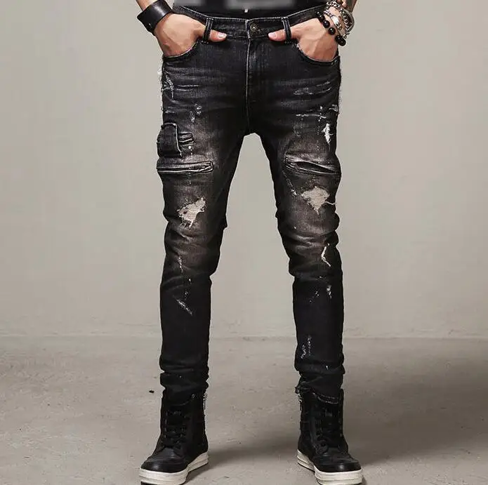 High Quality Mens Ripped Biker Baggy Jeans